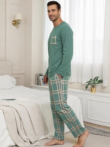 Mens Pajama Set Long Sleeve Soft Sleepwear Loungewear PJS Tops Plaid Pants with Pockets 2 Piece in Saudi Arabia