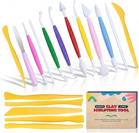 DUGATO Clay Modeling Tools for Kids, 17pcs Plastic Ceramic Pottery Tool Set, Double-Head Design, Assorted Colors, for Shaping and Sculpting, Cake Decorating Supplies Kit for Kids Beginners DIY Craft in Kuwait