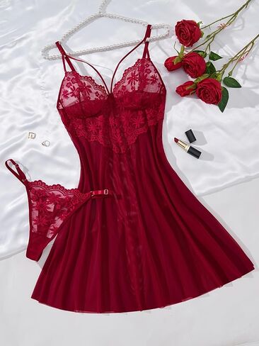 Valentine's Day Gift Women Sexy Lingerie Sets Short Sleep Babydoll with Underwear with Lace Mesh Design and Dual Straps in Saudi Arabia