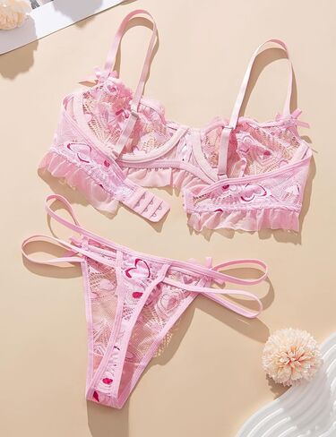 Women's Heart Pattern Lace Lingerie Set Playful Ruched Bralette & Matching Panties Valentine's Day Gift for Her in Saudi Arabia