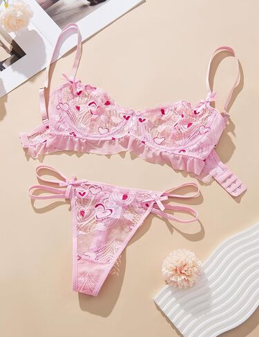 Women's Heart Pattern Lace Lingerie Set Playful Ruched Bralette & Matching Panties Valentine's Day Gift for Her in Saudi Arabia