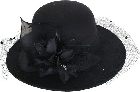 Luxury Wool Fedora with Dramatic Veil & Silk Bloom, Vintage Wide Brim Felt Bowler Hat for Wedding Evening Party in Saudi Arabia