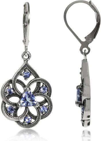 Silvershake Birthstone Gemstone Vintage Style Antique Finishing or 18K Yellow Gold Plated 925 Sterling Silver Scroll/Filigree Weave Drop Dangle Leverback Earrings Jewelry for Women in Kuwait