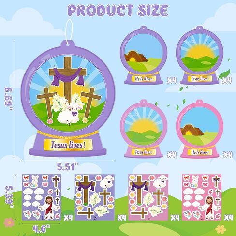 16PCS Christian Easter Nativity Snow Globe Ornaments Crafts Kit, Make Your Own He is Risen Religious Jesus Resurrection Cross Hanging Decorations Spring Church Party Favors Supplies in Saudi Arabia