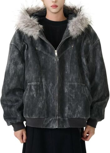Mens Winter Coats Baggy Full Zip Up Fur Hood Jacket Y2k Casual Stylish Thick Cotton Heavyweight Warm Coats in Saudi Arabia