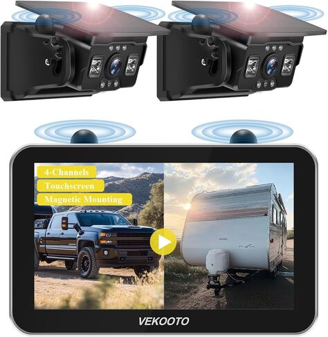 كاميرا احتياطية لاسلكية تعمل بالطاقة الشمسية من VEKOOTO VK7Pro 2 مع شاشة لمس IPS مقاس 7 بوصات، قابلة لإعادة الشحن بقدرة 15800 مللي أمبير في الساعة، بدون أسلاك، كاميرا احتياطية لاسلكية للرؤية الليلية HD1080P للشاحنات والمركبات الترفيهية والمقطورة والتخييم in Kuwait