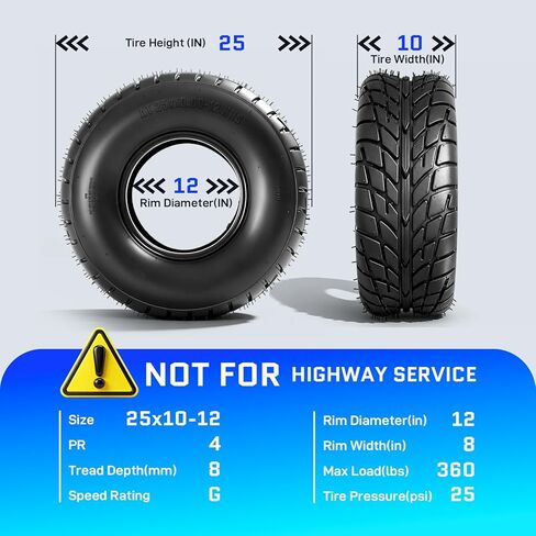 إطارات TRIBLE SIX مقاس 25x10-12 ATV/UTV، إطارات 25x10x12 للطين والممرات لجميع التضاريس، مصنفة بـ 4 طبقات، بدون أنابيب، مجموعة من 2 in Kuwait