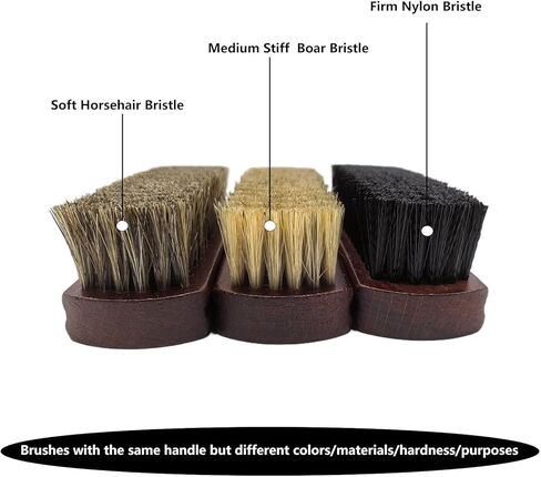 Shoe Cleaning Brush Set of 3 Brushes with Horsehair, Boar and Nylon Bristles, 6" Concaved Handle for Premium Grip, Wooden Sneaker Brush for Leather, Boot, Textile, Bags and Accessories in Saudi Arabia