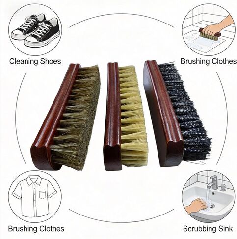 Shoe Cleaning Brush Set of 3 Brushes with Horsehair, Boar and Nylon Bristles, 6" Concaved Handle for Premium Grip, Wooden Sneaker Brush for Leather, Boot, Textile, Bags and Accessories in Saudi Arabia