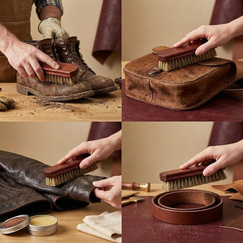 Shoe Cleaning Brush Set of 3 Brushes with Horsehair, Boar and Nylon Bristles, 6" Concaved Handle for Premium Grip, Wooden Sneaker Brush for Leather, Boot, Textile, Bags and Accessories in Saudi Arabia