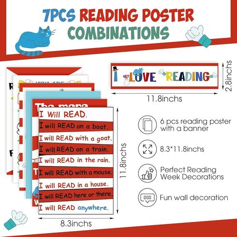 Hoolerry 7 قطع للقراءة عبر أمريكا ملصق ديكورات ملصق دكتور كات ملصق أسبوع القراءة ملصقات قراءة حمراء وزرقاء، 6 ملصقات 11.81 × 8.27 بوصة ولافتة واحدة 11.81 × 2.83 بوصة in Saudi Arabia
