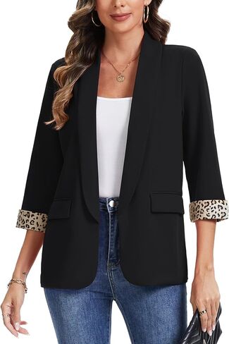 MINTLIMIT Women Casual 3/4 Sleeve Leopard Cuff Blazers Open Front Shoulder Pad Blazer Shawl Collar Office Jacket Pockets in Saudi Arabia