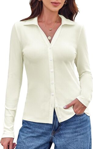 BAISHENGGT Womens Soft Ribbed Knit Polo Shirts Collared V-Neck Button Fastening Long Sleeve Going Out Tops in Kuwait