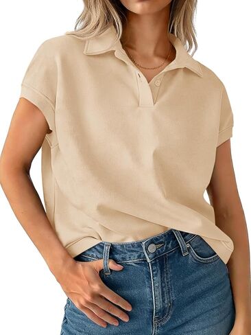 Tankaneo Womens Cap Sleeve Polo Shirts Summer V Neck Collared Tops Casual Loose Fit Boxy Tees in Saudi Arabia