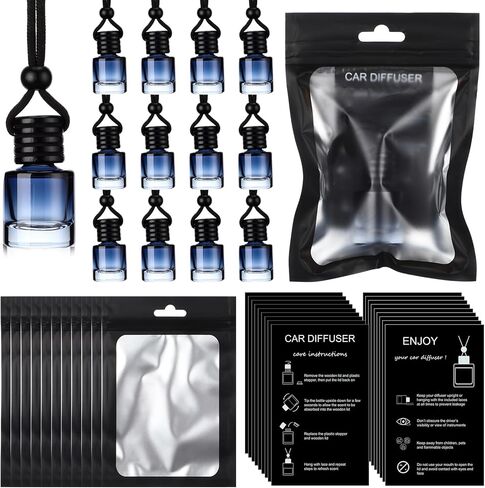 Boao 50 Sets Hanging Car Air Freshener Diffuser Bottles with Instruction Card and 4 x 6'' Resealable Holographic Bag for Empty Car Essential Oil Perfume Bottles Packaging (Cylinder,Black) in Saudi Arabia