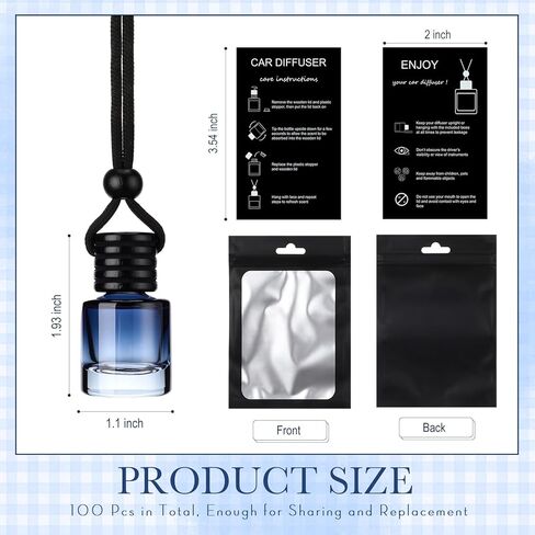 Boao 50 Sets Hanging Car Air Freshener Diffuser Bottles with Instruction Card and 4 x 6'' Resealable Holographic Bag for Empty Car Essential Oil Perfume Bottles Packaging (Cylinder,Black) in Saudi Arabia