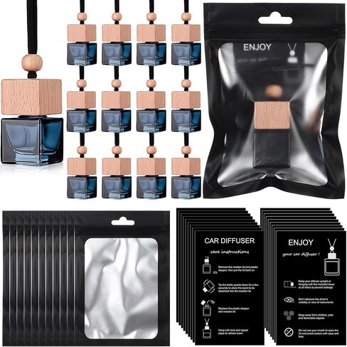 Boao 50 Sets Hanging Car Air Freshener Diffuser Bottles with Instruction Card and 4 x 6'' Resealable Holographic Bag for Empty Car Essential Oil Perfume Bottles Packaging (Cylinder,Black) in Saudi Arabia