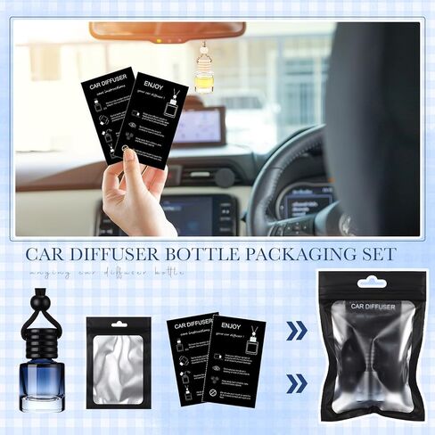 Boao 50 Sets Hanging Car Air Freshener Diffuser Bottles with Instruction Card and 4 x 6'' Resealable Holographic Bag for Empty Car Essential Oil Perfume Bottles Packaging (Cylinder,Black) in Saudi Arabia