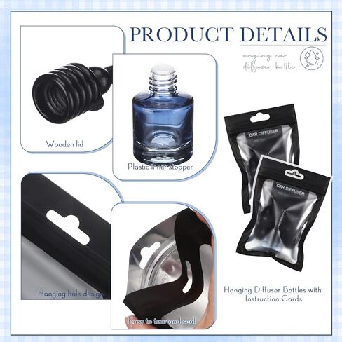 Boao 50 Sets Hanging Car Air Freshener Diffuser Bottles with Instruction Card and 4 x 6'' Resealable Holographic Bag for Empty Car Essential Oil Perfume Bottles Packaging (Cylinder,Black) in Saudi Arabia