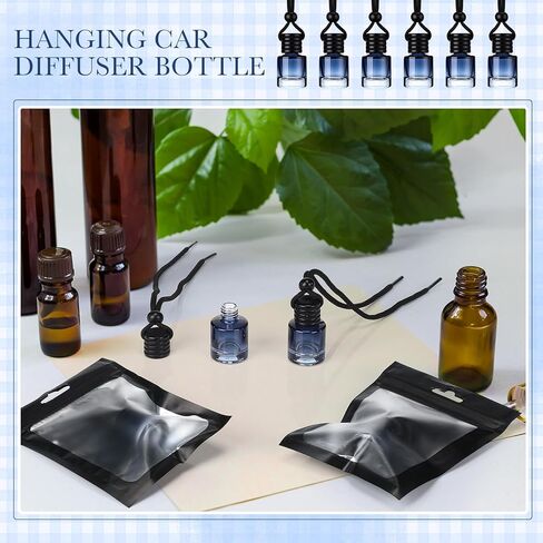Boao 50 Sets Hanging Car Air Freshener Diffuser Bottles with Instruction Card and 4 x 6'' Resealable Holographic Bag for Empty Car Essential Oil Perfume Bottles Packaging (Cylinder,Black) in Saudi Arabia