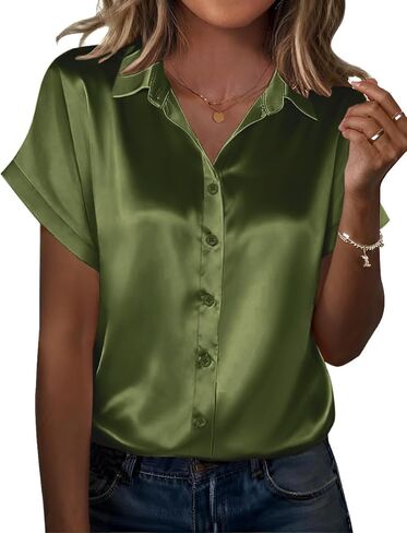 Zeagoo بلوزة حريرية للنساء كم قصير من الساتان بأزرار سفلية، قمصان كاجوال فضفاضة على شكل حرف v، سترة عمل للعمل in Kuwait