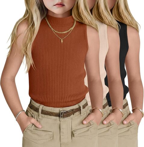 3 Pack Girls' Ribbed Tank Tops Mock Neck Sleeveless Cotton Knit Shirts Kids Slim Fit Casual Summer Basic Tops in Saudi Arabia
