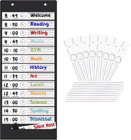 Daily Schedule Pocket Chart, 13+1 Pockets Visual Classroom Schedule Pocket Chart, 18 Double-Side Dry Erase Cards Routine Calendar for Classroom, Office, Home Teacher Supplies (Black) in Saudi Arabia
