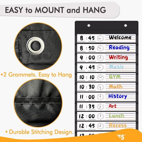 Daily Schedule Pocket Chart, 13+1 Pockets Visual Classroom Schedule Pocket Chart, 18 Double-Side Dry Erase Cards Routine Calendar for Classroom, Office, Home Teacher Supplies (Black) in Saudi Arabia