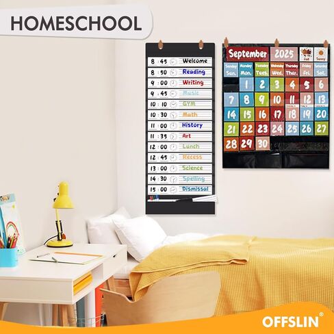 Daily Schedule Pocket Chart, 13+1 Pockets Visual Classroom Schedule Pocket Chart, 18 Double-Side Dry Erase Cards Routine Calendar for Classroom, Office, Home Teacher Supplies (Black) in Saudi Arabia