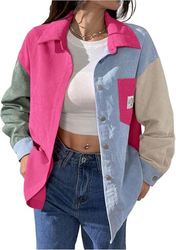 OYOANGLE Women's Plus Size Corduroy Jacket Button Down Shirts Boyfriend Long Sleeve Drop Shoulder Colorblock Blouses Coats in Kuwait
