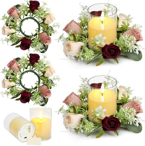 12 PCS Roses Candle Rings Wreaths - 3 Inch Artificial Floral Rings with LED Flameless Candles Eucalyptus Leaves for Spring Banquet Table Centerpieces Home Wedding Party, Dusty Pink in Saudi Arabia