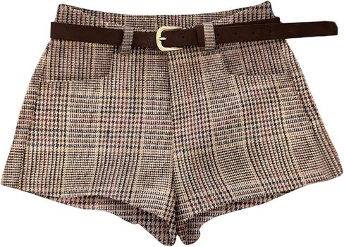 شورت نسائي قصير من MakeMeChic منقوش ومزين بنقشة Houndstooth مع حزام in Saudi Arabia