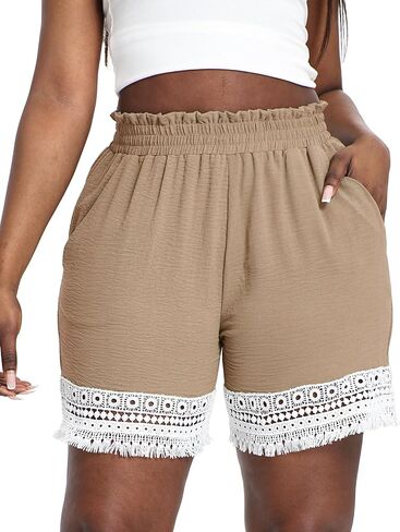 Plus Size Lace Trim Elastic High Waisted Shorts for Women Summer Casual Loose Vacation Beach Lounge Ruffle Shorts in Kuwait