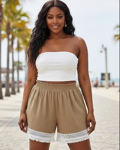 Plus Size Lace Trim Elastic High Waisted Shorts for Women Summer Casual Loose Vacation Beach Lounge Ruffle Shorts in Kuwait