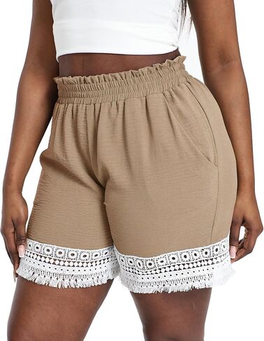 Plus Size Lace Trim Elastic High Waisted Shorts for Women Summer Casual Loose Vacation Beach Lounge Ruffle Shorts in Kuwait