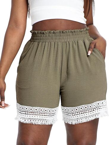 Plus Size Lace Trim Elastic High Waisted Shorts for Women Summer Casual Loose Vacation Beach Lounge Ruffle Shorts in Kuwait