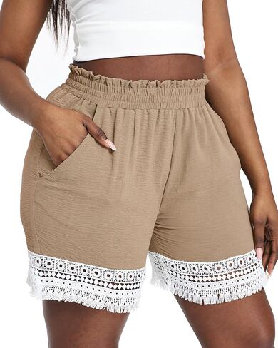 Plus Size Lace Trim Elastic High Waisted Shorts for Women Summer Casual Loose Vacation Beach Lounge Ruffle Shorts in Kuwait