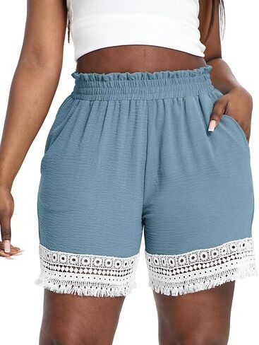 Plus Size Lace Trim Elastic High Waisted Shorts for Women Summer Casual Loose Vacation Beach Lounge Ruffle Shorts in Kuwait