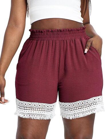 Plus Size Lace Trim Elastic High Waisted Shorts for Women Summer Casual Loose Vacation Beach Lounge Ruffle Shorts in Kuwait