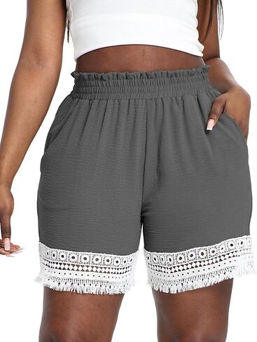 Plus Size Lace Trim Elastic High Waisted Shorts for Women Summer Casual Loose Vacation Beach Lounge Ruffle Shorts in Kuwait
