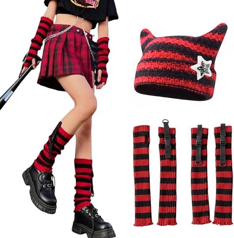 3 Pcs Therian Ear Beanie Crochet Striped Arm and Leg Warmers Y2k Emo Grunge Stuff Clothes in Kuwait