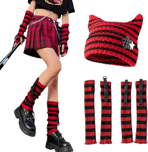3 قطع من قبعة أذن ثيريان كروشيه مخططة لتدفئة الذراع والساق Y2k Emo Grunge Stuff Clothing in Saudi Arabia