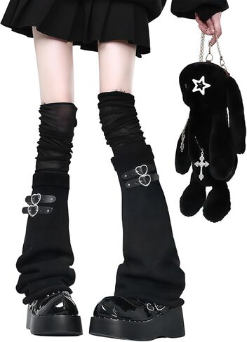 Y2K Knit Leg Warmers with Punk Buckle Straps Soft Stretchy Crochet Boot Cuffs for Women in Saudi Arabia