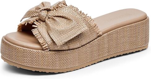 Coutgo Womens Platform Wedge Sandals Bow Open Toe Slide Sandals Straw Slip On Summer Beach Shoes in Saudi Arabia