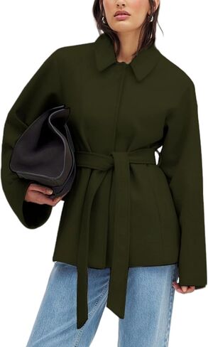 UANEO Coat for Women Wool Blend Short Peacoat Overcoat Button Tie Belt Winter Pea Coat with Pockets in Saudi Arabia