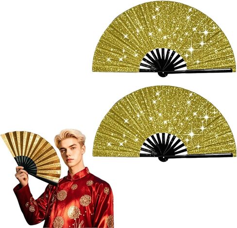 YTJ 2 Packs Glitter Large Rave Folding Hand Fan, Clap Fans for Line Dancing, Handheld Fan for EDM Music Disco Rave Festival Party Supplies (Glitter Black, 13 Inches) in Saudi Arabia