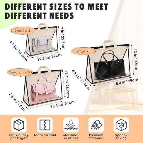 15 Pack Dust Bags for Handbags,Clear Handbag Storage Organizer for Closet,Purse Protector Storage Bag with Zipper and Handle,Dust Cover Bags for Handbag, 3 Sizes in Saudi Arabia