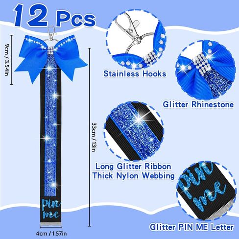 12PCS Cheer Pin Strap Pin Me Ribbon Glitter Cheerleader Blue Bow Keychain Backpack Tag Clothes Pin Charms Bulk Team Gifts & Accessories for Girls in Kuwait