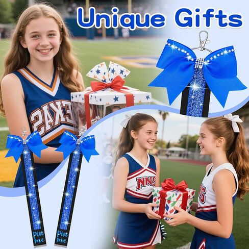 12PCS Cheer Pin Strap Pin Me Ribbon Glitter Cheerleader Blue Bow Keychain Backpack Tag Clothes Pin Charms Bulk Team Gifts & Accessories for Girls in Kuwait