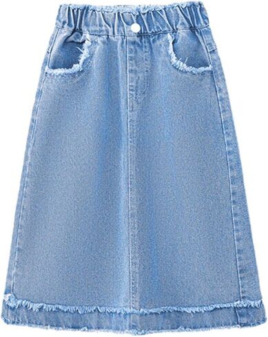 Girls Denim Midi Skirt Casual Elastic High Waist Knee Length Jean Skirt with Pockets Distressed Hem A Line Skirts in Saudi Arabia